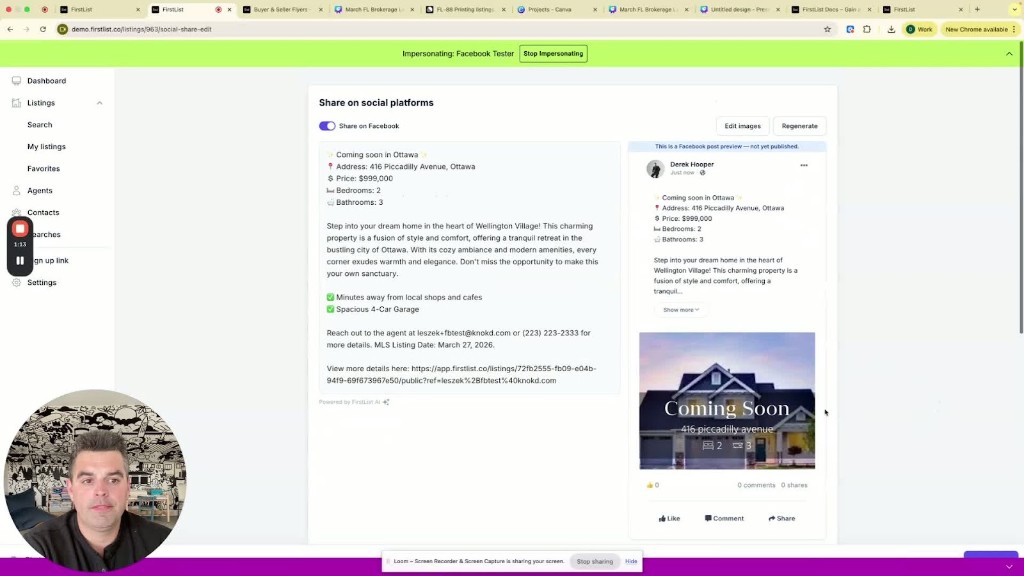Share on social platforms: post editor, Edit images and Regenerate buttons, and Facebook post preview